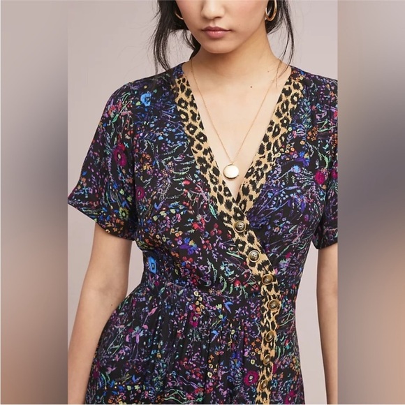 ANTHROPOLOGIE Maeve Morgan Black Floral + Leopard Print V-Neck Dress size 0 - Picture 3 of 10